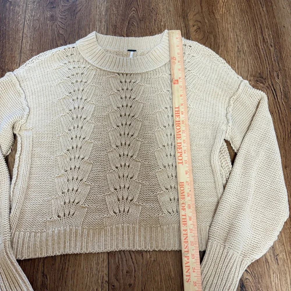 Free People Cream Knit Sweater Women's L Crewneck Slight Crop Cottage Minimalist